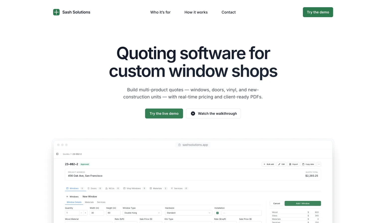 Sash Solutions quoting software landing page